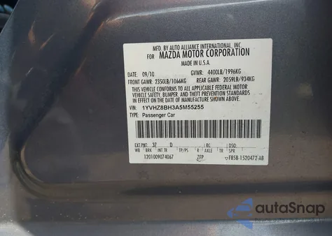 2010 Mazda Mazda6 I Sport z USA, uszkodzony, nr VIN 1YVHZ8BH3A5M55255